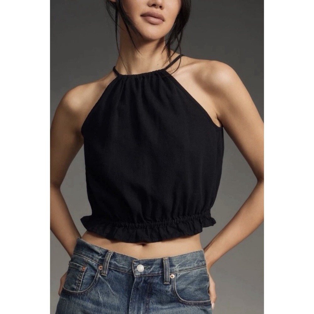 Pilcro Cropped Linen Halter Top Black Medium